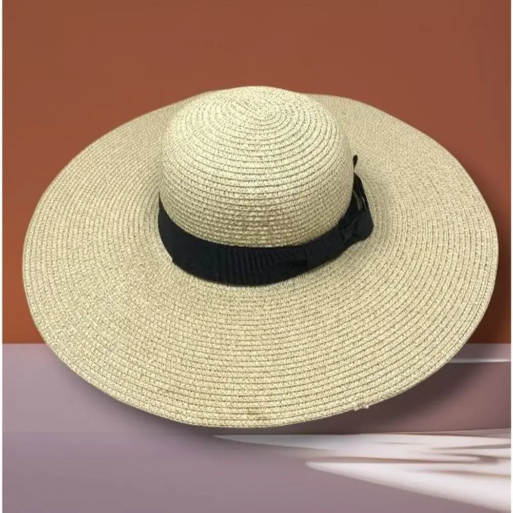 Debra Weitzner Sz M Wide Brim Sun Hat Natural Woven Straw Black Ribbon Band